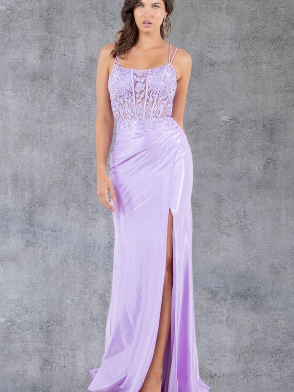 NEW LILAC Lace Evening Gown With Slit Formal Elegant Stunning 8185J